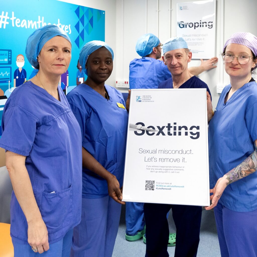 The Trust's surgical team holding a campaign poster showing the word "Sexting" cut through the middle with a scalpel 